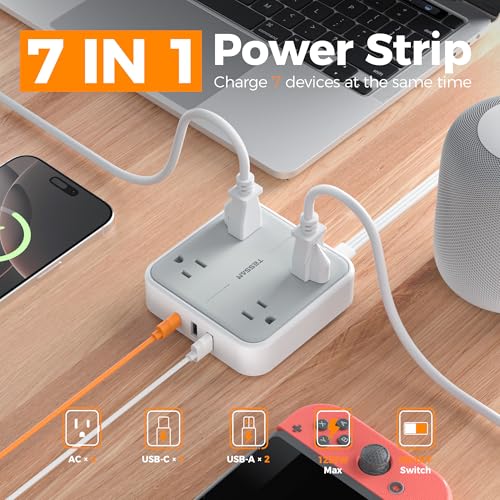 TESSAN Surge Protector Flat Extension Cord 1Ft, Ring Plug Power Strip with 4 Outlets 3 USB Ports (1 USB C), 900 Joules Protection, Multiple Wall Outlet Extender Suitable for Home Office Dorm, Grey by TESSAN - Image 3