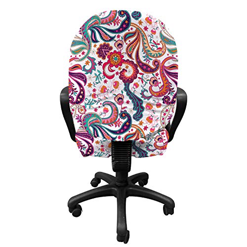 Lunarable Paisley Office Chair Slipcover, Paisley Hand Drawn Style Motif Colorful Flowers And Leaves In Vintage Colors Print, Protective Stretch Decorative Fabric Cover, Standard Size, Orange Teal #TOP1