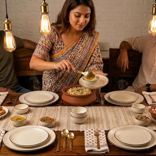 Image of The Earth Store Creme Matte Ceramic Dinner Set, 24 Pieces Includes 6 Full Dinner Plates 6 Quarter Plates & 12 Vegetable Bowls Microwave & Dishwasher Safe | Crockery Set for Gifting & Dining