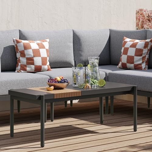 Sundale Outdoor Modern Metal Outdoor Coffee Table with Slatted Wood-Look