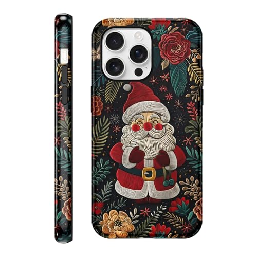 lioscre Case Compatible with for iPhone 16 Pro 6.3'', Cute Santa Claus Flower Christmas Phone Case, Aesthetic Hybrid 2-Layer Hard Shell Resistant Shockproof Protective Cover for Girl Women Men