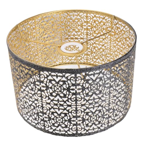 Metal Lampshade, Round Lamp Shade Fits Both E27 and E14 Bulb Bases, Elegant Black and Gold Drum Lampshade with Hollow Carved Pattern for Table Lamps, Floor Lamps, Pendants