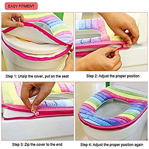 WDSHCR Toilet Seat Cover Pads Washable Bathroom Soft Thicker Warmer Washable Cloth Toilet Seat Cover Pads with Zipper Super Soft Bathroom Toilet Lid Cover Set (Rainbow Colors) - Thumbnail 6