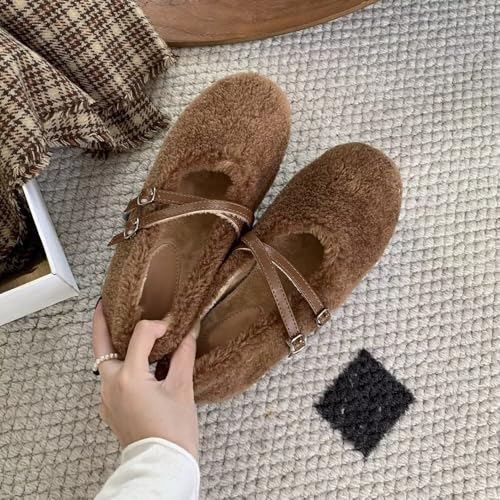 WENJIAZHIZHI Women's Warm Fur Lined Mary Jane Shoes Ankle Buckle Thick Memory Insole Comforable Dressy Flats Shoes3