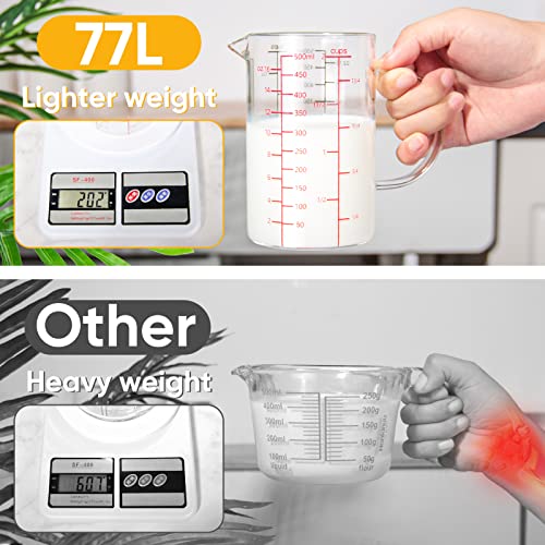 77L Glass Measuring Cup With Handle, [Double-Sided Measuring Scale, V-Shaped Spout, Insulated Handle], High Borosilicate Glass Measuring Cup With Three Scales (Oz, Cup, Ml) For Liquid (2 Cup) #TOP2