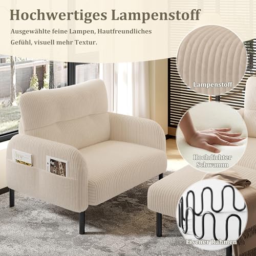 WEALTHOUSE Modulares Cord Sofa Set aus Zweisitzer,Sessel und Hocker mit ergonomischer Rückenlehne,Seitentasche und stabilem Metall‑Holz‑Gestell – für Wohnzimmer & kleine Apartments (Beige,3er-Set) – Bild 6