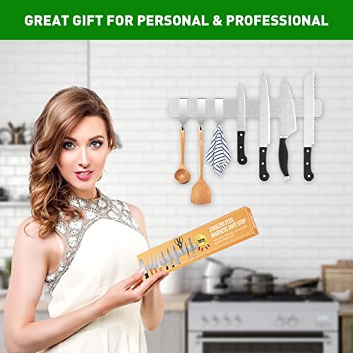 Magnetic Knife Holder for Wall 40cm Ninonly 10inch Magnetic Strip for Knives with 3 Hooks Stainless Steel Self Adhesive Magnetic Knife Rack No Drill with Glue for Knives, Tools