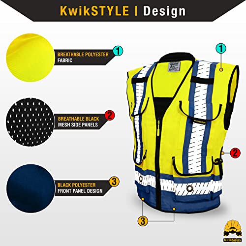 Kwiksafety - Charlotte, Nc - Godfather Sheriff Safety Vest [Cushion Collar + 10 Deluxe Pockets] Class 2 Ansi Osha Hi Visibility Reflective Mesh Construction Surveyor/Blue, Yellow Medium #TOP1