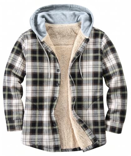 Image of Men's Cotton Plaid Shirt Jacket Fleece Flannel Sherpa Button Down