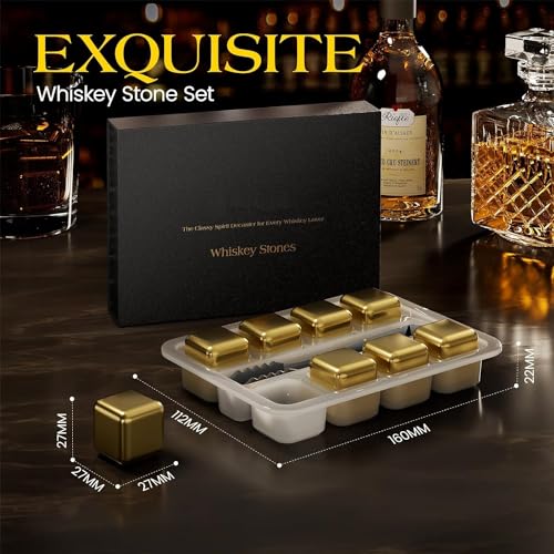 Image of Whisky Stone Gift Set - Reusable Ice Cube, Stainless Steel Whisky Metal, Drinking Gift Set for Men, Metal Ice Cube for Vodka, Wine, Drink Juice (Gold)