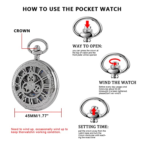 Image of Classic Silver Mechanical Pocket Watch, Roman Numerals Silver Pocket Watch with Chain Box for Men