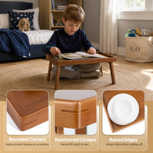 Image of Bamboo Bed Table Tray with Support Bar and Foldable Legs, Breakfast Food Trays Table for Bed Sofa Eating and Laptops, TV Lap Tray Table on Couch (Applied for Invention Patent)