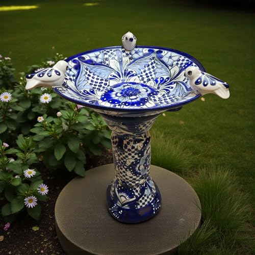 Blue & White Talavera Bird Bath with Rim Birds