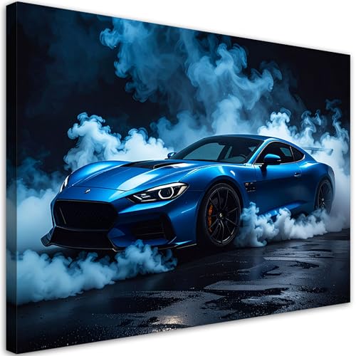 Feeby - Impression sur Toile - Deco Tableau Murale Intissé - Voiture de sport bleue - 90x60 1partie - Photo Peinture - Pour Chaque Pièce de Votre Appartement