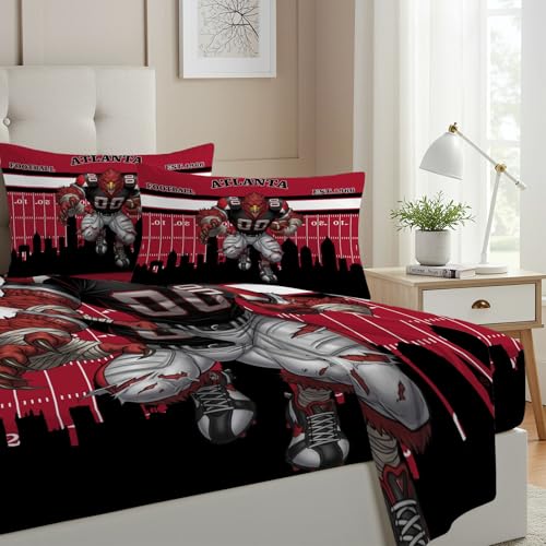 Allenjoy Atlanta American Football Black Drive Sheets Set with Fitted Sheet, Flat Sheet and 2 Pillowcases for Boys Teens Men Fans Son Bedding Bedroom Decor, Queen Size