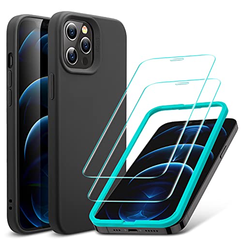 ESR Cloud Series Case with Screen Protectors Designed for iPhone 12 Case/Designed for iPhone 12 Pro Case, Liquid Silicone Case (2020) [2 Glass Screen Protectors] [Comfortable Grip], 6.1", Black