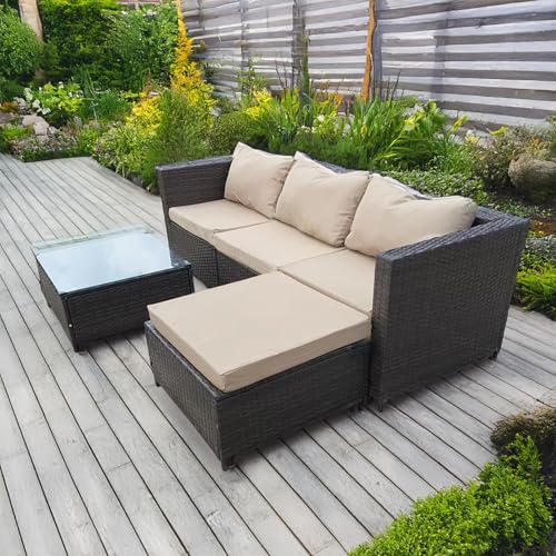 GadgetHaven Garden Corner Sofa Furniture, 4-Seater All-Weather Rattan Corner Sofa Set w/Tempered Glass Coffee Table,Ottoman - L-Shaped Patio Garden Furniture (Brown Rattan+Light Brown Cushion)-YXL-2 2 GadgetHaven Garden Corner Sofa Furniture, 4-Seater All-Weather Rattan Corner Sofa Set w/Tempered Glass Coffee Table,Ottoman - L-Shaped Patio Garden Furniture (Brown Rattan+Light Brown Cushion)-YXL-2 - Image 2