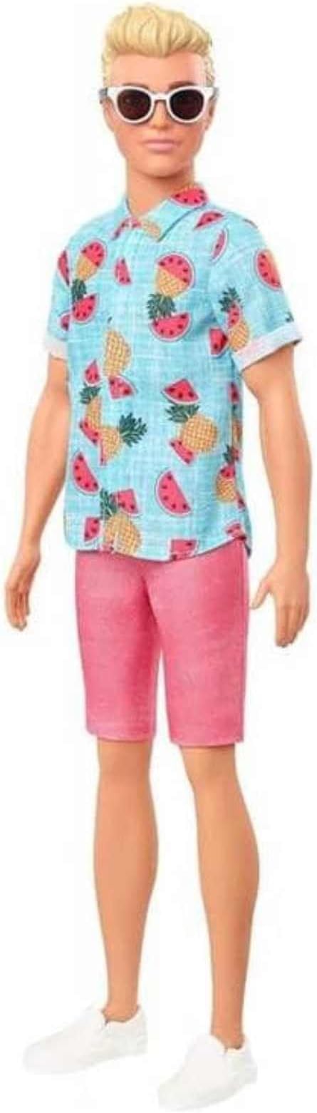 Barbie Ken Fashionistas Doll #152 with Sculpted Blonde Hair Wearing Blue Tropical-Print Shirt, Coral Shorts, White Shoes & White Sunglasses, Toy for Kids 3 to 8 Years Old GYB04