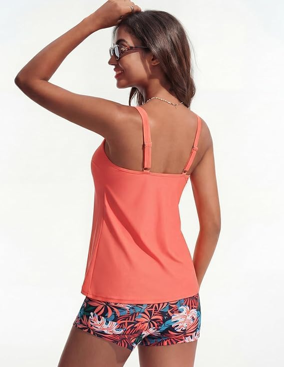 Hanna Nikole Women's Large Size Tummy Control Tankini Two Piece Swimsuit High Waist Swimwear A-line Swim Tops 54 large size Orange Colour.