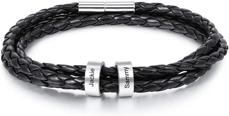 Personalised Leather Mens Bracelets Silver Name Beads Charm Bracelets for Dad Hand Stamped Custom Father Engraved 1 to 5 Family Name ID Identity Braid Bracelet