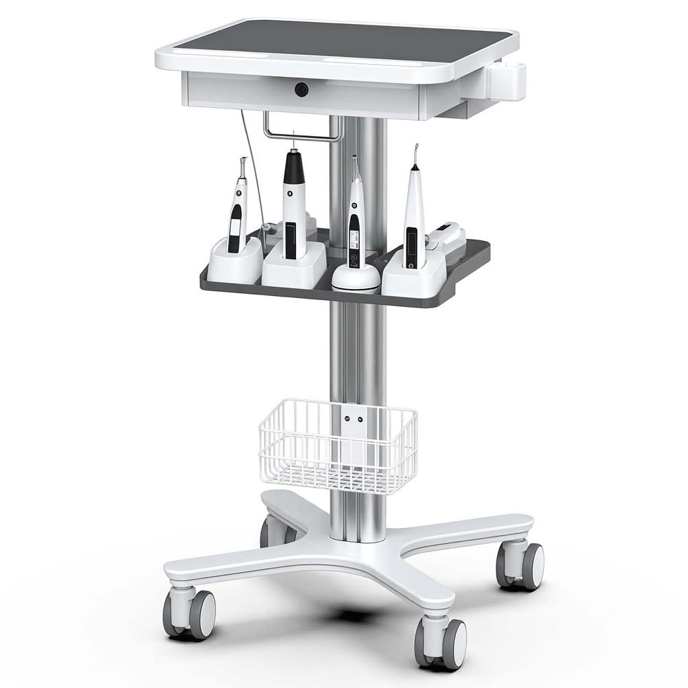 Wózek medyczny z uchwytem na skaner jamy ustnej i tacą na laptopa – mobilna stacja robocza z paletą sprzętu i cichymi kółkami do klinik i szkół