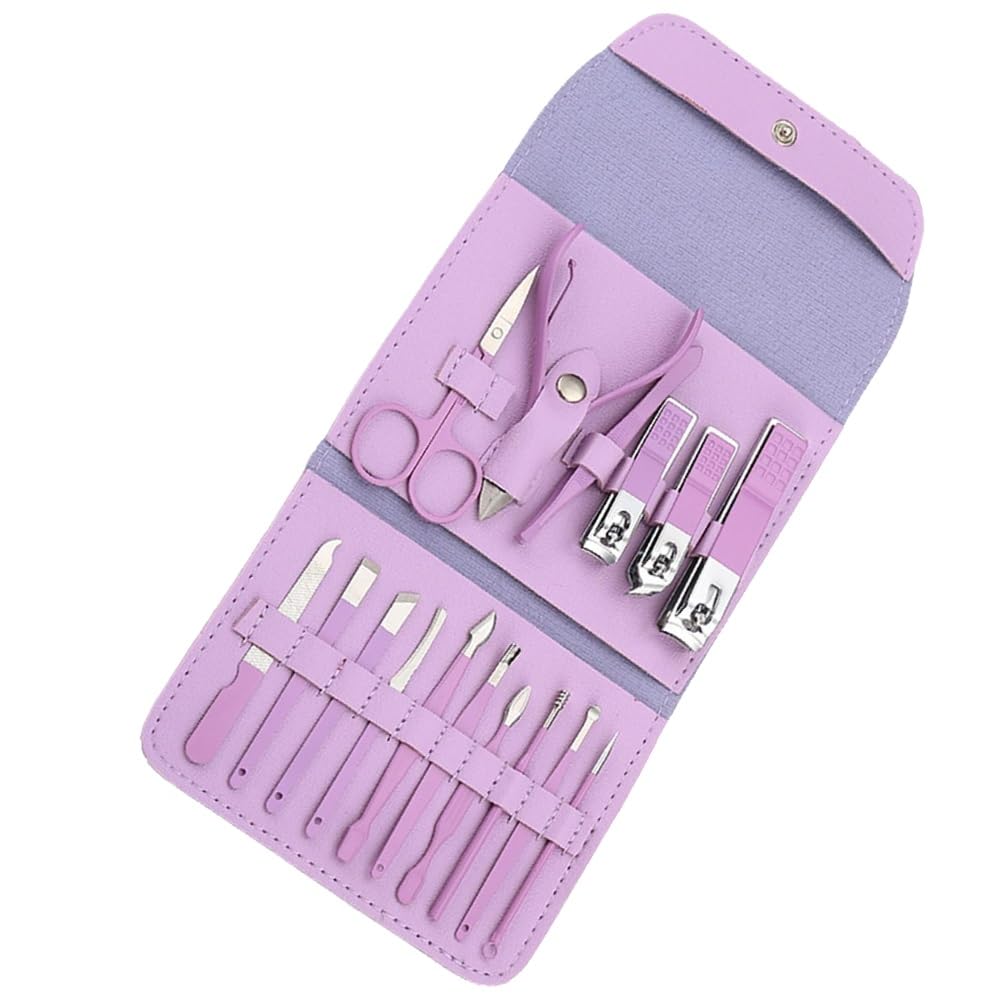 Maniküre-Set für Damen, Nagelpflege-Set, professionelles Maniküre-Set, Nagelschneide-Set aus Edelstahl for Männer und Frauen, Nagelknipser-Set mit Lederetui als Reisegeschenk (16 Stück)(Purple)