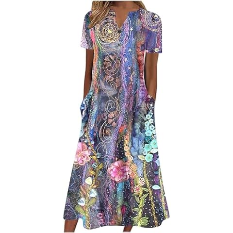 LOAIHA Womens Boho Floral Print Loose Casual Summer Short Sleeve Long Maxi Dress with Pockets Cover