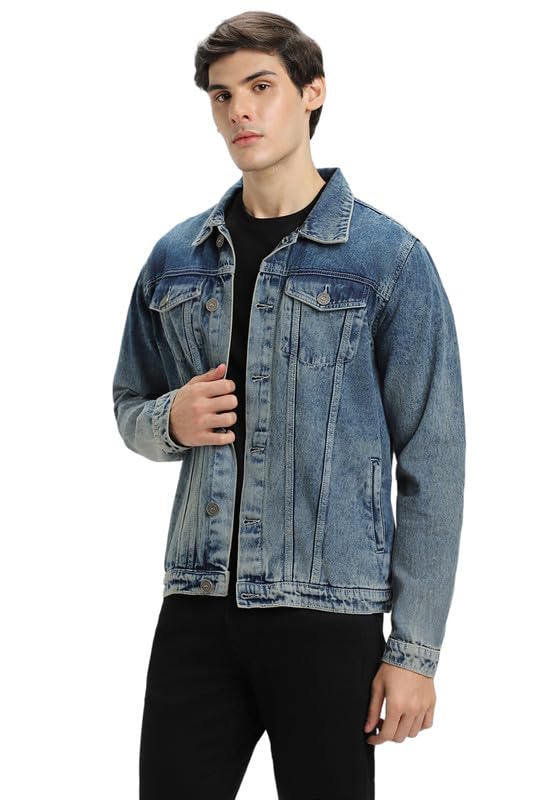 Image of DENNIS LINGO Men's Indigo Washed Cotton Denim Jacket, Regular Fit Long Sleeves Regular Collar