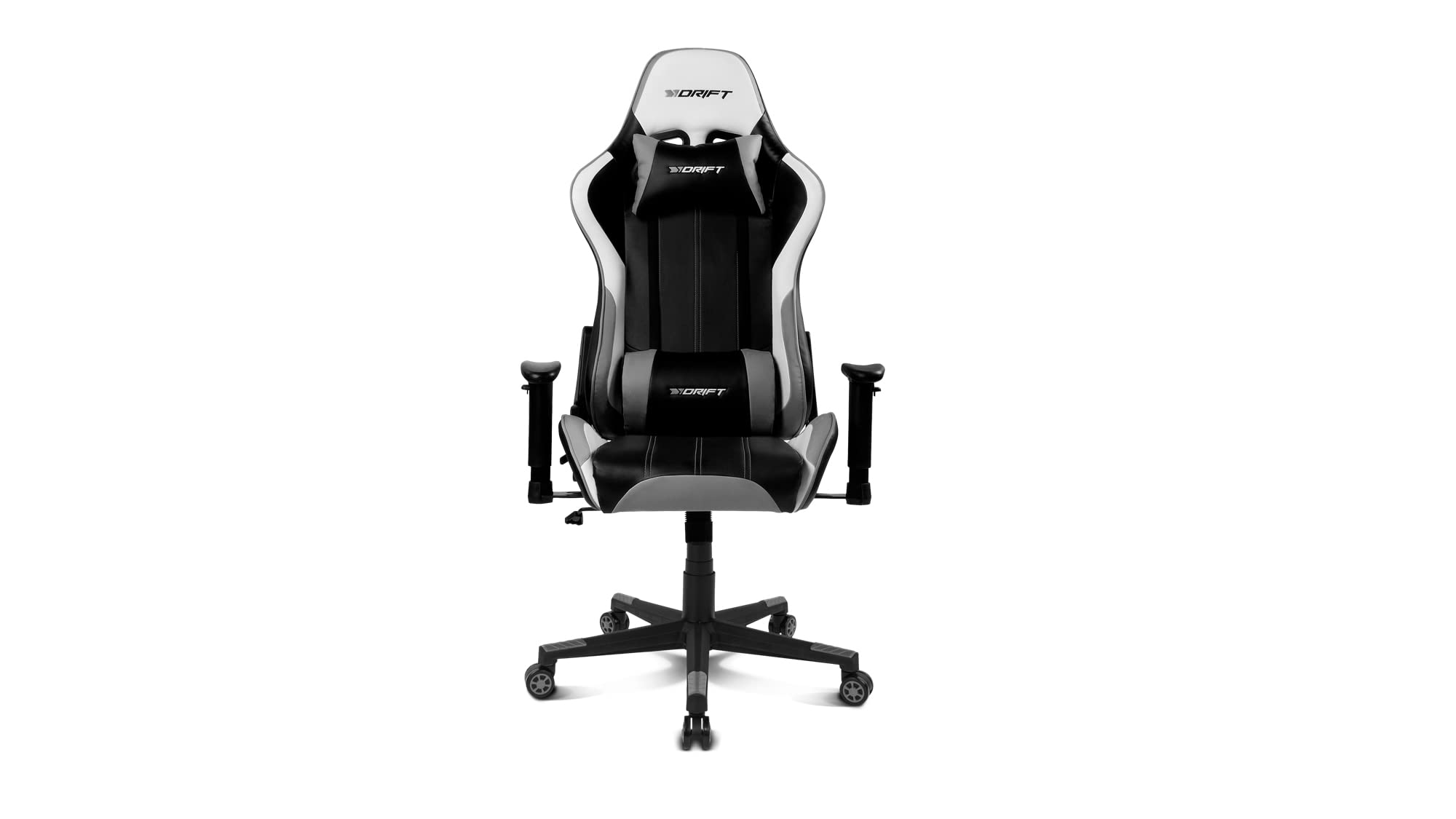 Drift DR175GRAY- Silla Gaming Profesional, polipiel, reposabrazos ajustables 2D, piston clase 4, giratoria, mecanismo de mariposa, cojin lumbar y cervical, negro/blanco/gris