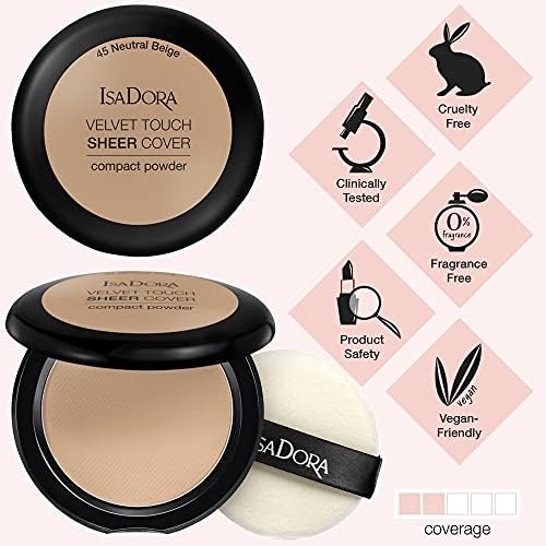 IsaDora Pressed Powder Velvet Touch  Sheer Cover Translucent Face Powder Compact Matte Silky Smooth Shine Control Setting Powder  Medium Natural Coverage for Warm Skin Tones 45 Neutral Beige