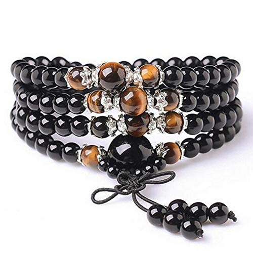 [イスイ] オブシディアン 黒曜石 108珠 タイガーアイ 佛珠 ビーズ ブレスレット 祈り数珠 ６mm 四連数珠 メンズ レディース (スタイル1)