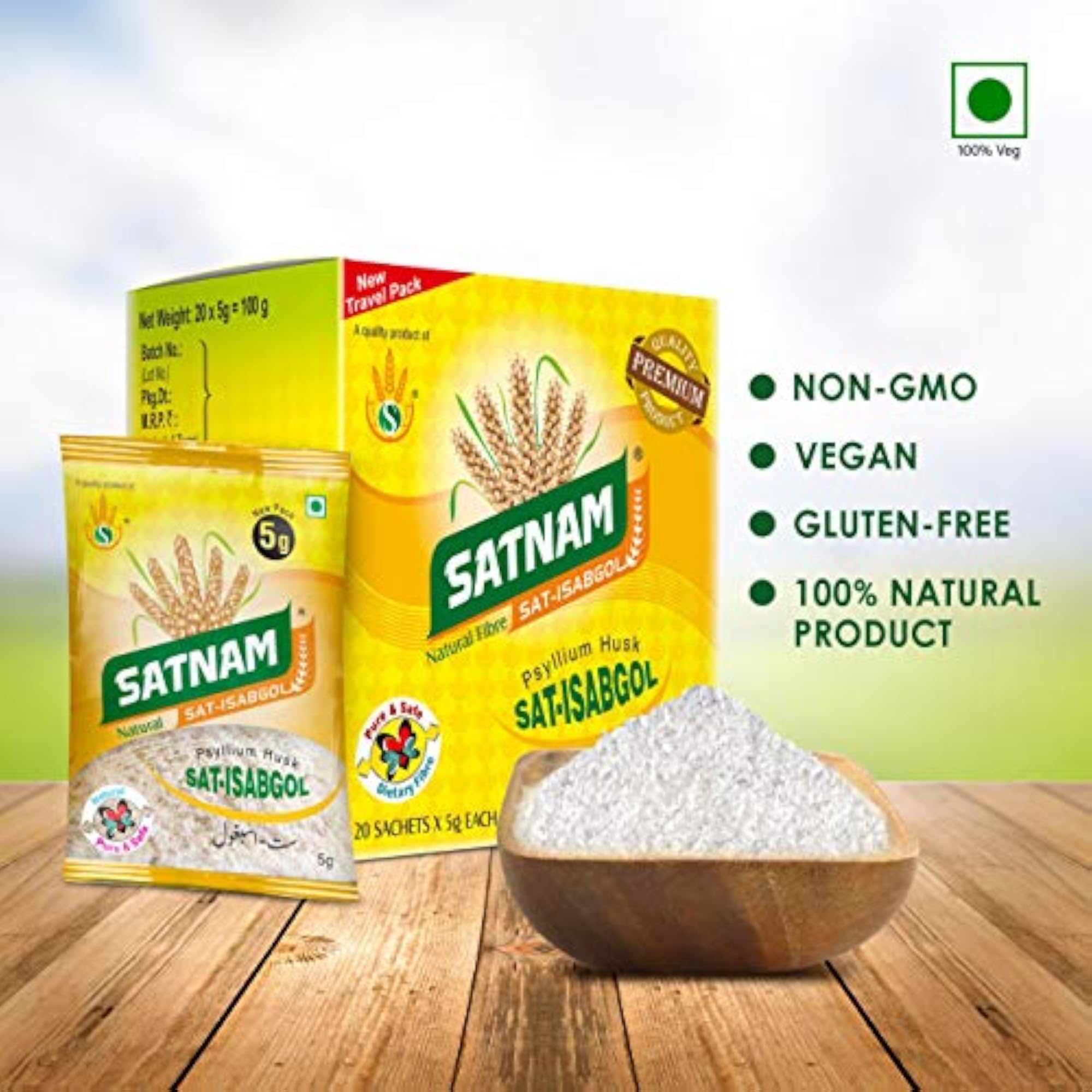 SATNAM Sat-Isabgol Psyllium Husk 100g Travel Pack Box