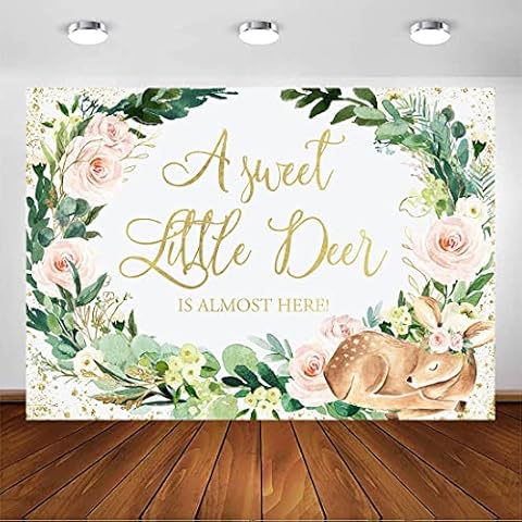 Avezano Deer Baby Shower Backdrop A Sweet Little Deer is Almost Here Photography Background Pink Floral Girls Woodland Deer Newborn Party Banner Decorations (7x5ft) Cover