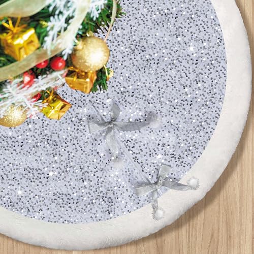 MOSHAKALA Silver Christmas Tree Skirt 36 Inch, Sparkly Sequin Tree Skirts with Soft White Textured Plush Trim, Decorative Bows and Pom-Poms, Xmas Tree Base Mat for Indoor Holiday Home Decor