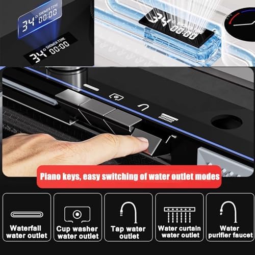 Close-up of the sink control panel showing piano keys for switching water outlet modes: Waterfall water outlet, Cup washer water outlet, Tap water outlet, Water curtain water outlet, Water purifier faucet.