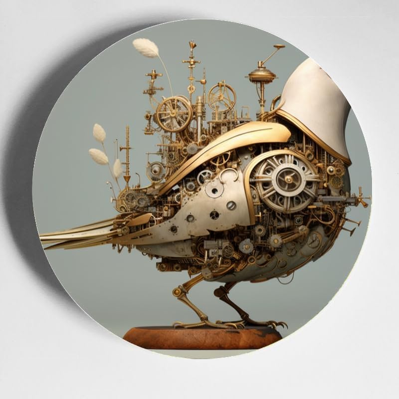 Mechanical Bird's nest and semi-Mechanical Bird 10-inch Ceramic Plate for Wall Display or Tabletop, with Stand & Hook DP-68271051