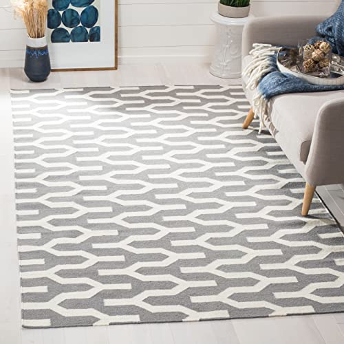 SAFAVIEH Zeitgenössische Teppich für Wohnzimmer, Esszimmer, Schlafzimmer - Dhurrie Collection, Kurzer Flor, Silber und Elfenbein, 91 X 152 cm SAFAVIEH Zeitgenössische Teppich für Wohnzimmer, Esszimmer, Schlafzimmer - Dhurrie Collection, Kurzer Flor, Silber und Elfenbein, 91 X 152 cm