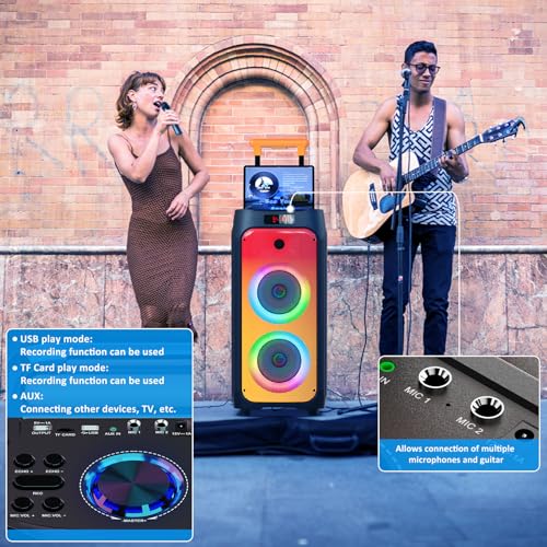 JYX Karaoke Anlage mit 2 drahtlosen Mikrofonen, Großer Lautsprecher Bluetooth mit Rädern und Disco Lichtern, Subwoofer PA System, Party Karaoke Maschine Unterstützung TWS/USB/SD Karte/AUX/Rec
