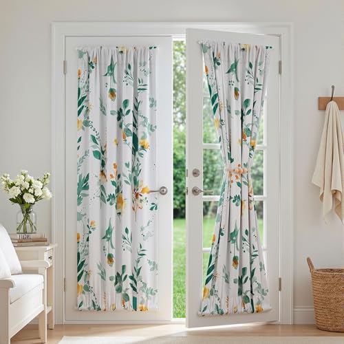 Image of MYSKY HOME Floral French Door Curtains 72 inch Long Set of 2 Blackout Privacy Sidelight Door Window Drapes with Rod Pocket, Yellow and Green, 24 inch W Each Panel
