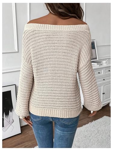 Image of MakeMeChic Women's Bow Sweaters Off The Shoulder Long Sleeve Knitted Pullovers Top Apricot Small