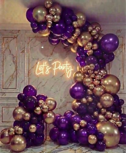 Image of Purple and Gold Balloon Garland Arch Kit - Dark Purple and Metallic Explosion Gold Star Balloons for Birthday Graduation Baby Shower Adults Prom Luxury Violet Royal Party Decorations