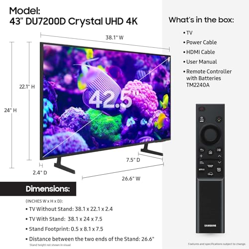 Samsung UN43DU7200DXZA 43" Crystal UHD TV with Mega Contrast (2025)