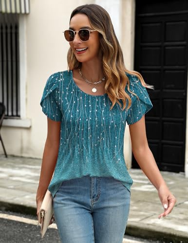 Zeagoo Womens Tops Petal Short Sleeve Summer Casual Crew Neck Shirts Floral Solid Blouse Pleated Tunics4