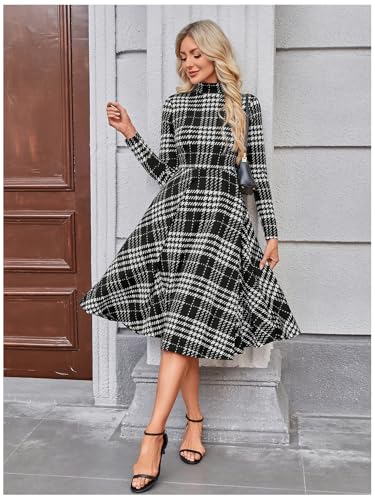 Image of Floerns Women's High Neck Plaid Fit and Flare Midi Dress