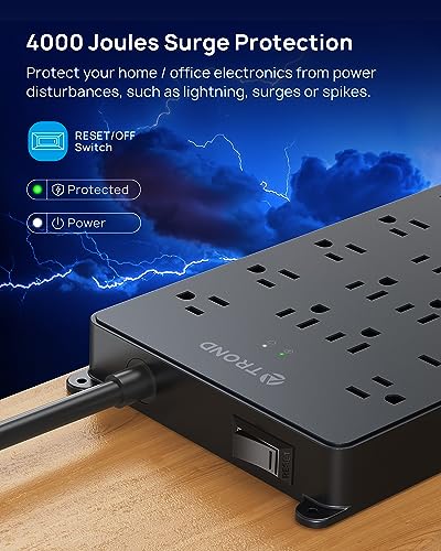 Image of TROND Surge Protector Power Strip 15ft, 4 USB Ports, 4000J, ETL Listed