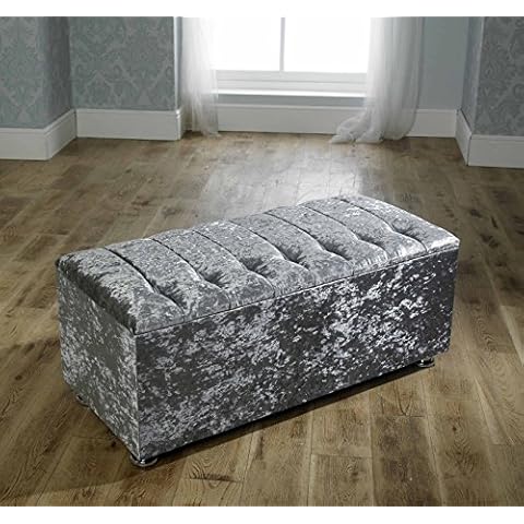 CHICAGO CRUSHED VELVET DIAMANTE OTTOMAN TOY STORAGE BLANKET BOX CHOICE OF COLORS (SILVER) Cover