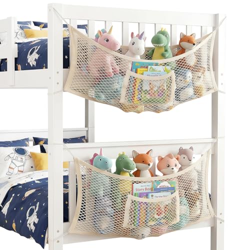 Meetory Kuscheltier Aufbewahrung Netz - 2 Stück Bettseite Stofftier Organizer Boho Makramee Hängend Elastisches Baumwolle Netztasche Plüschtier Aufbewahrung für Kinderzimmer Schlafzimmer