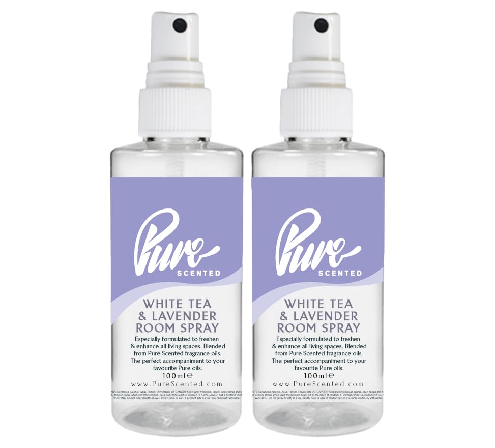 "Pure Scented 200ml Room & Fabric Sprays 2 x 100ml Suitable For Home, Car, Caravan, Work, Gym Bags, Odour Eliminators (2 x 100ml, White Tea & Lavender)"