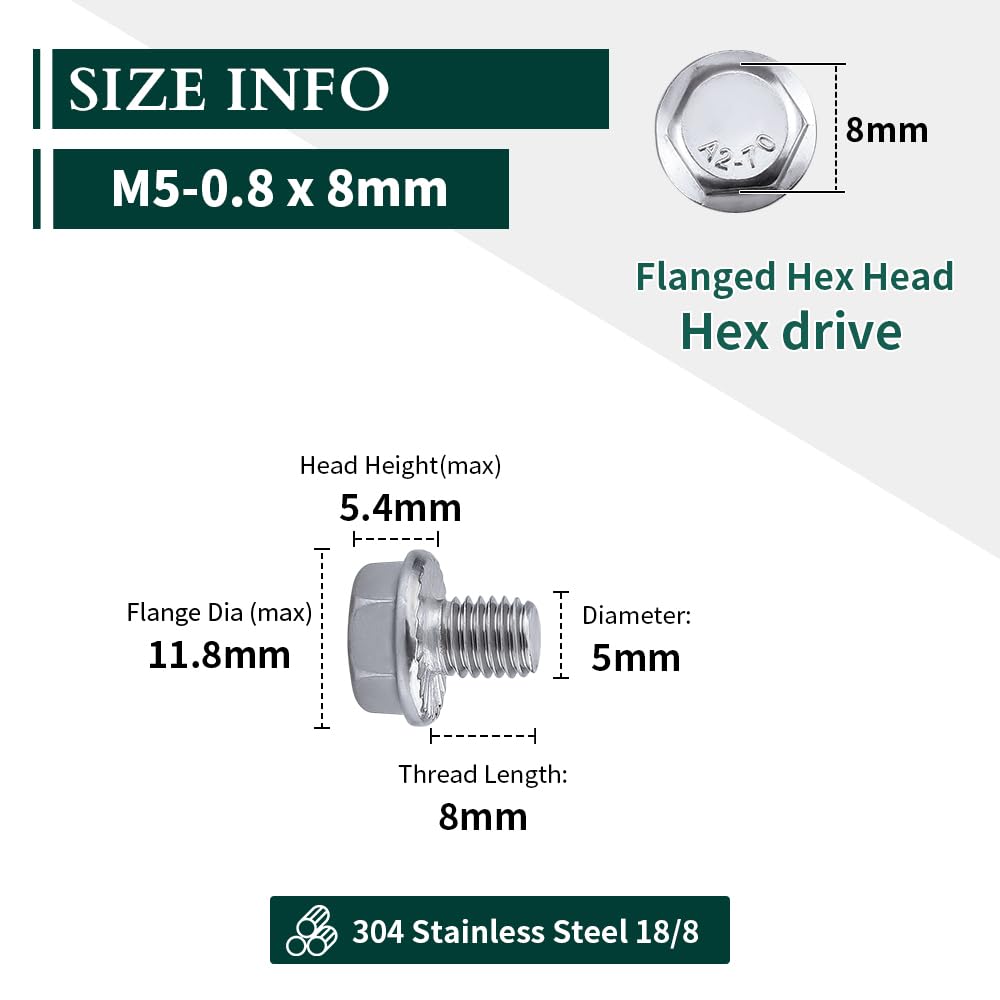 Amazon.com: M5-0.8 x 8mm Hex Flange Bolt (0.31