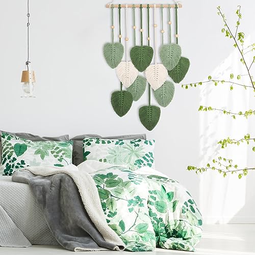 Betylifoy Makramee Wandbehang Wandteppich Boho Deko Makramee Wandteppich mit Holzperlen und Grün Blätter Tapisserie Wandbehang Boho für Schlafzimmer Kinderzimmer Wanddeko